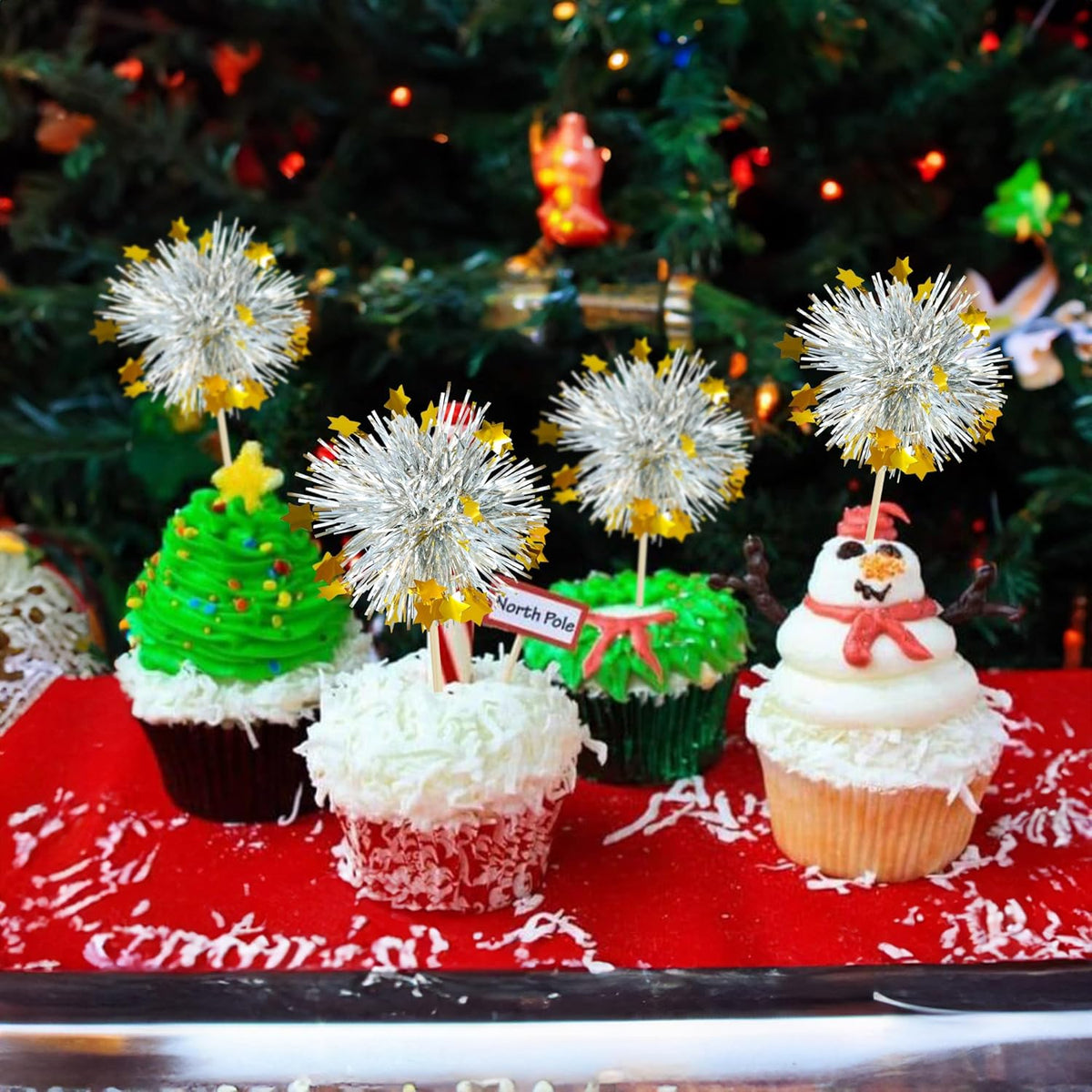 Ephlyn 30Pcs Foil Firework Cupcake Toppers Sparkle Tinsel Cupcake Picks Happy Birthday Cake