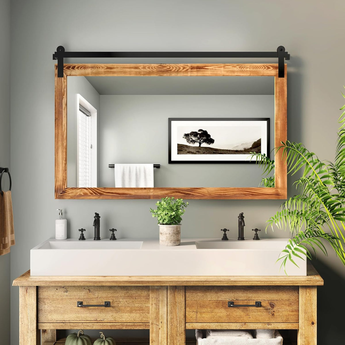 COGOOD Farmhouse Bathroom Mirror - 49 x 30 Rustic Wood Framed Wall Barn Door Mirror for Entryway