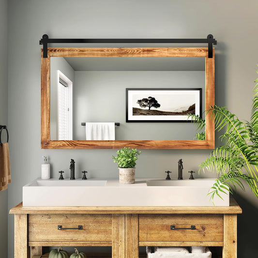COGOOD Farmhouse Bathroom Mirror - 49 x 30 Rustic Wood Framed Wall Barn Door Mirror for Entryway