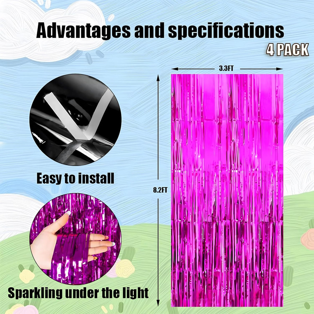 Keyali 4 Pack 3.3 * 8.3 ft Foil Curtain Metallic Tinsel Fringe Curtains Photo Booth Props Backdrop
