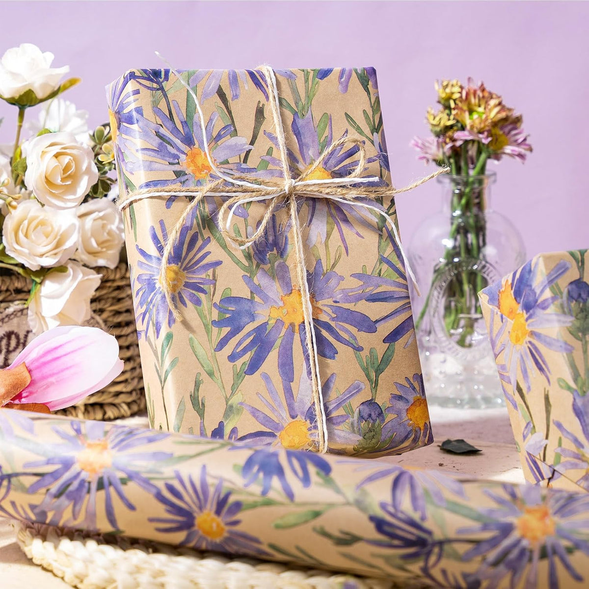 RUSPEPA Purple Daisy Floral Wrapping Paper, Watercolor Flower Kraft Paper - Mini Roll - 17 in x