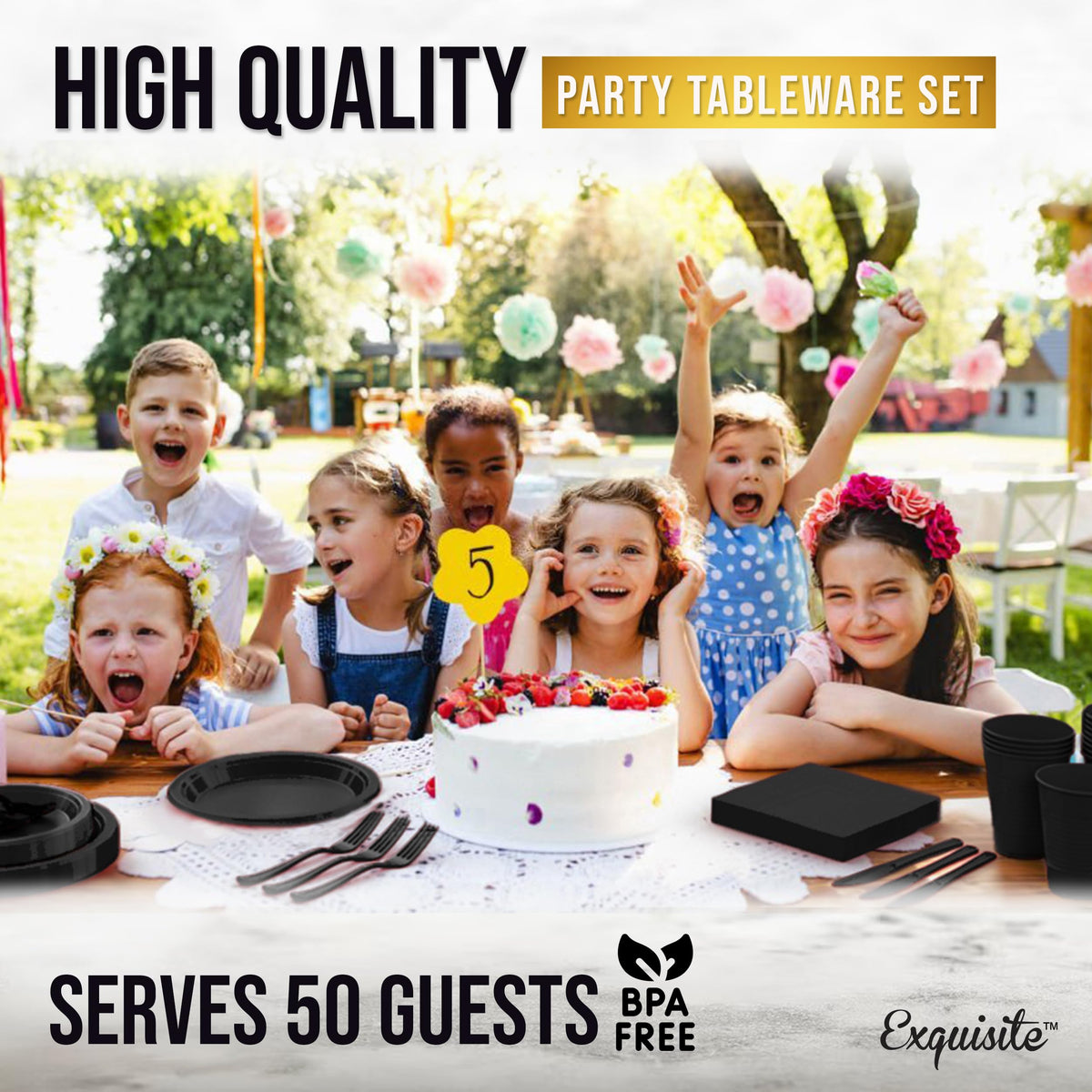 350 Pcs Black Plastic Plates For Party, Black Disposable Plates Set, 50 Of Each 9" Dinner Plate