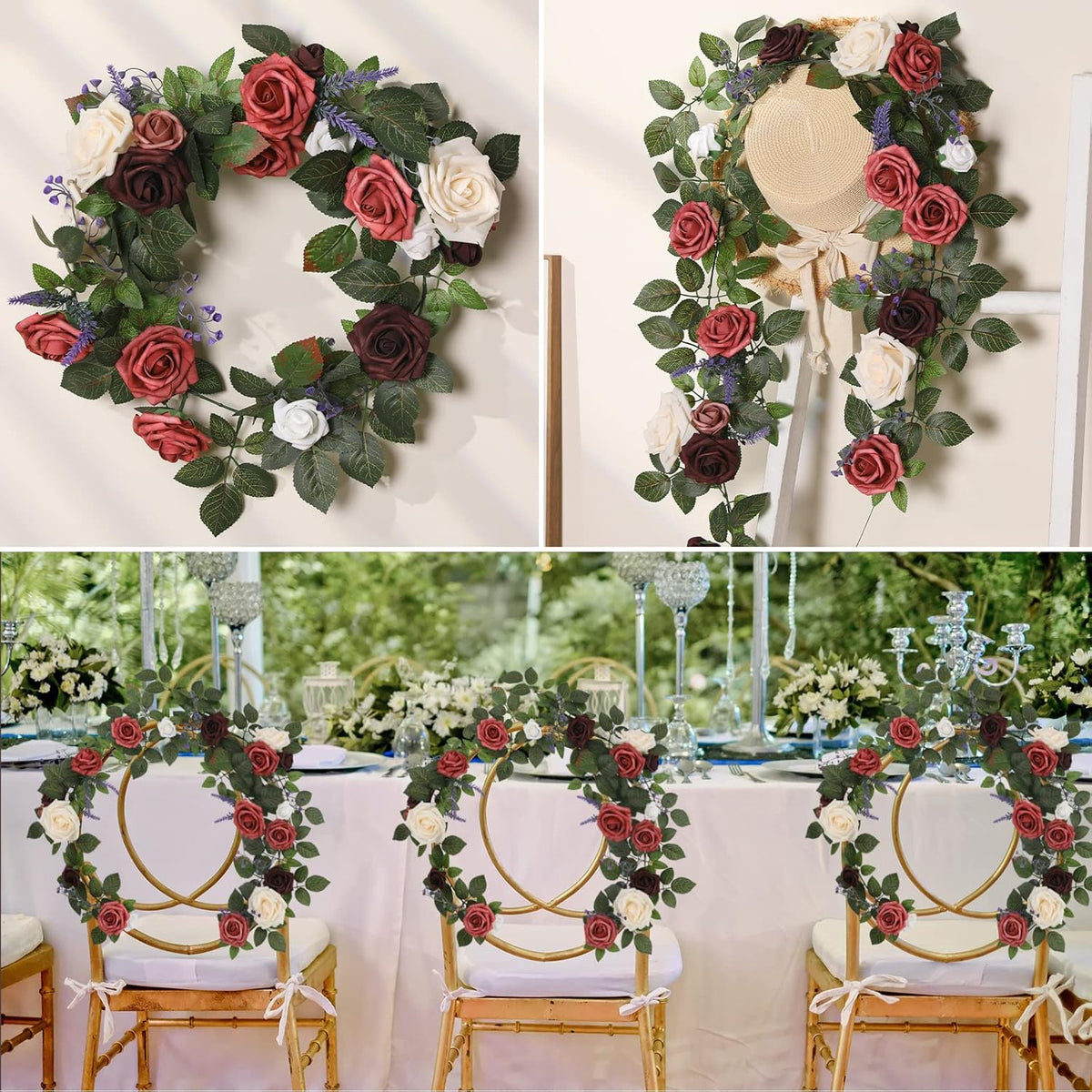5FT Artificial Rose Flower Burgundy Fake Floral Garland for Wedding Ceremony Backdrop Arch Flowers