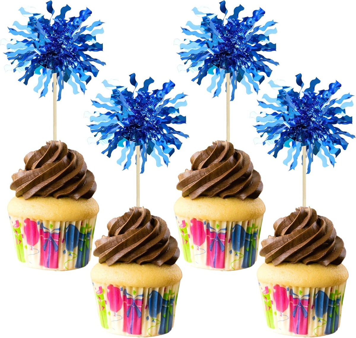 Gyufise 30Pcs Foil Firework Cupcake Toppers Happy Birthday Cake Toppers Sparkle Tinsel Flower Drink