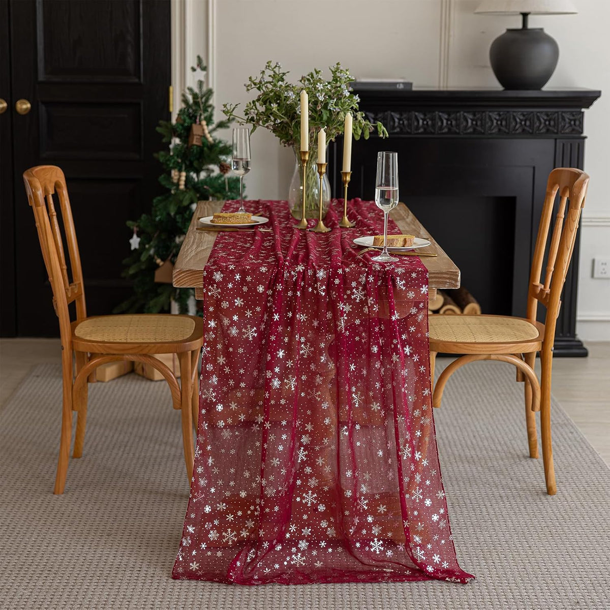 Silvery Snowflake Metallic Print Tulle Christmas Table Runner, Seasonal Winter Kitchen Dining Table