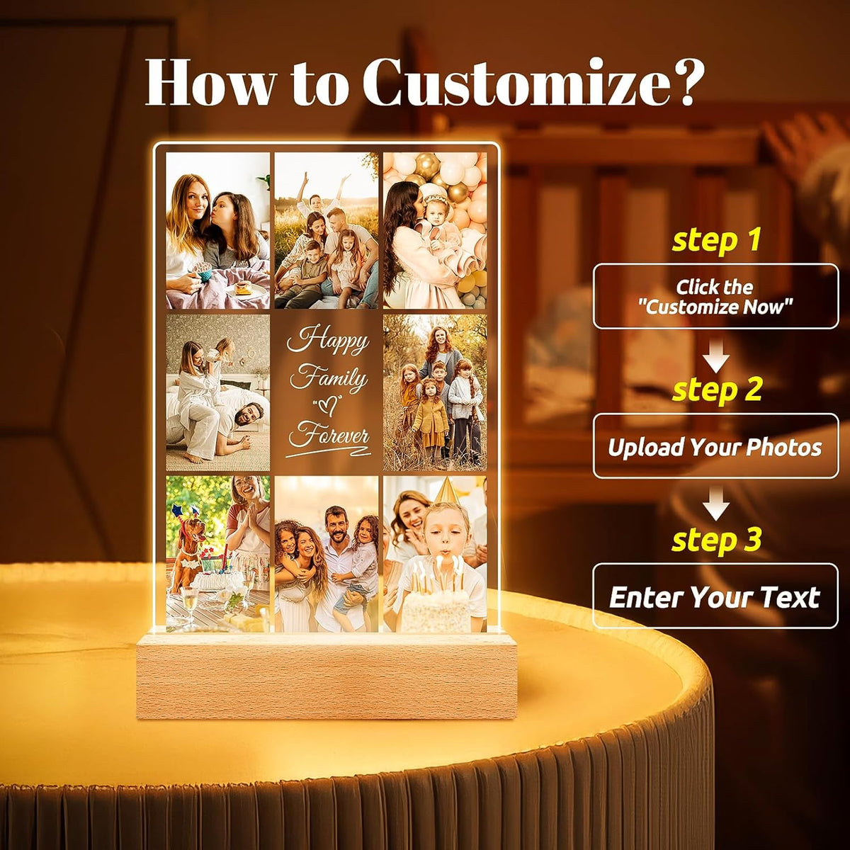 Personalized Collage Picture Frames with Photos, Custom Photo Frame with Night Light, Customized