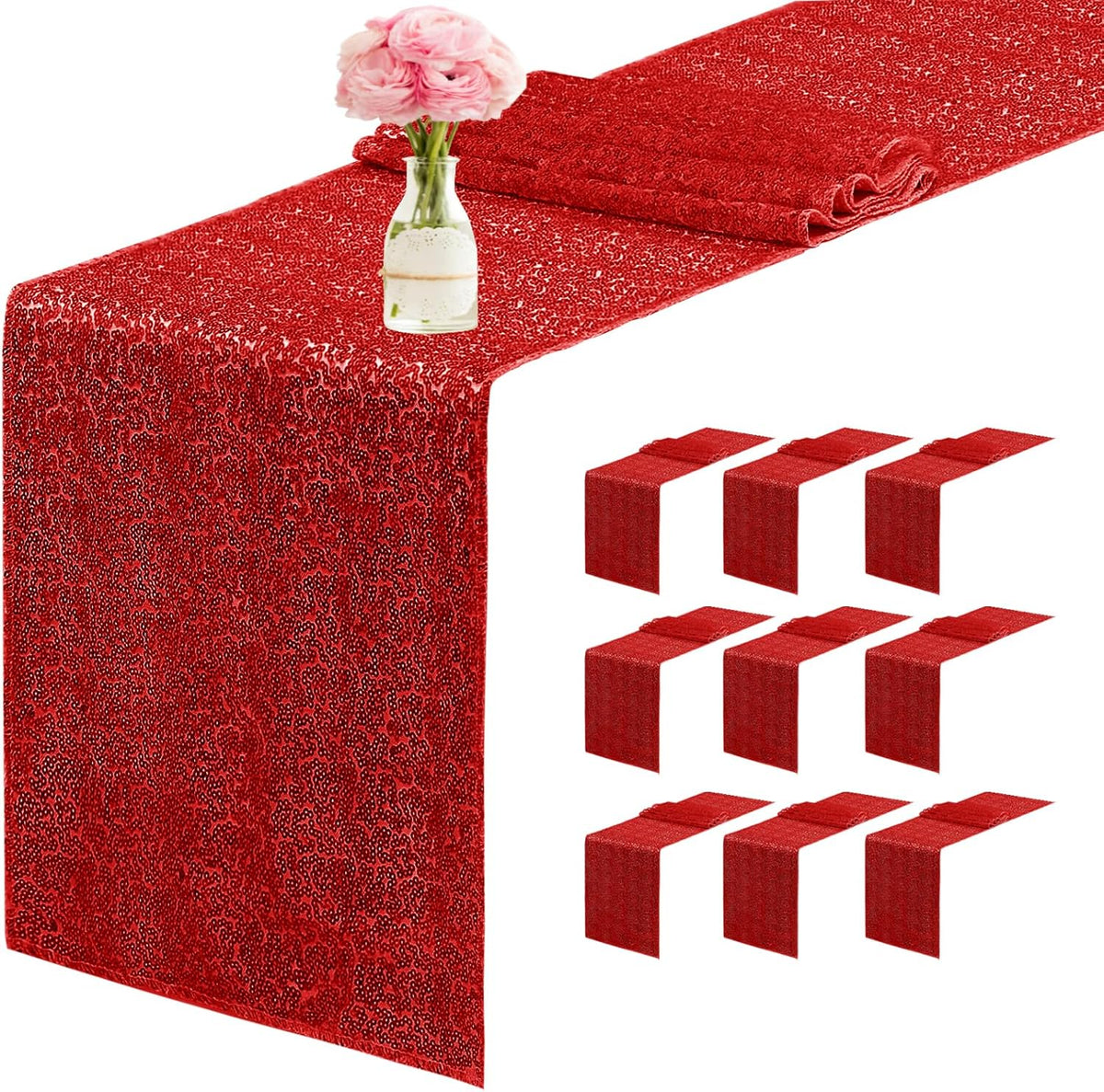 10 Packs 12 x 72 inches Sequin Table Runner, Red Glitter Table Runner for Birthday Party Supplies