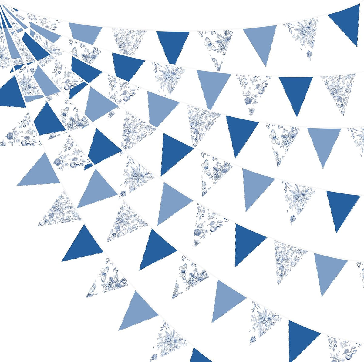 32Ft Blue Floral Party Decorations Vintage Blue White Flower Pennant Banner Fabric Triangle Flag