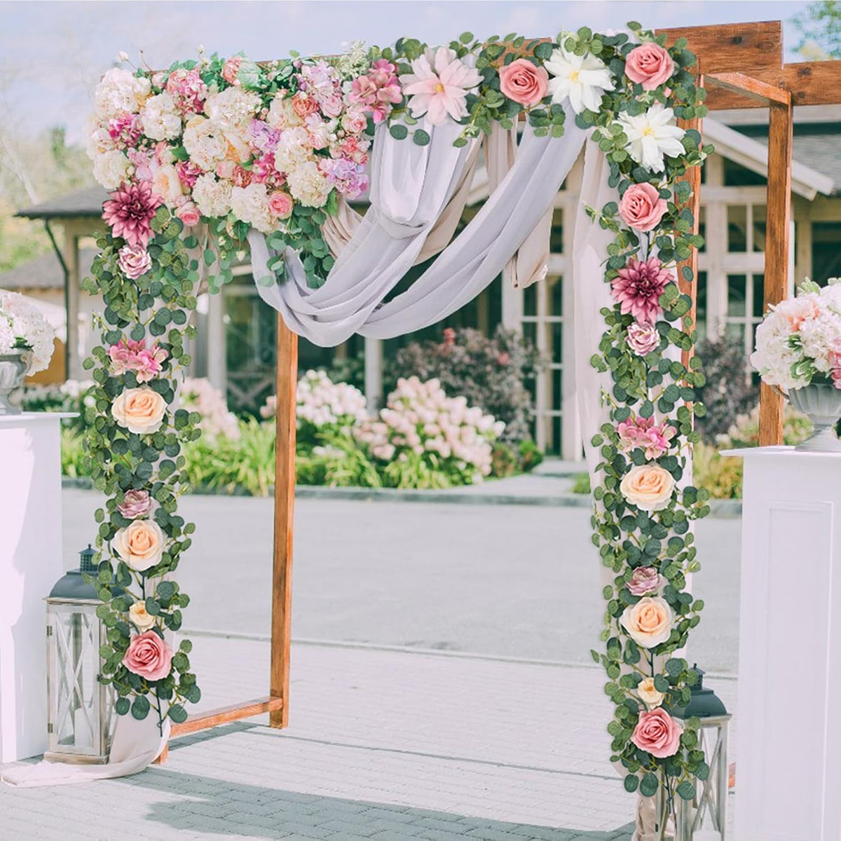 Waipfaru Artificial Flower Garland with Lights, 6.07Ft Lighted Eucalyptus Greenery Garland, Pink