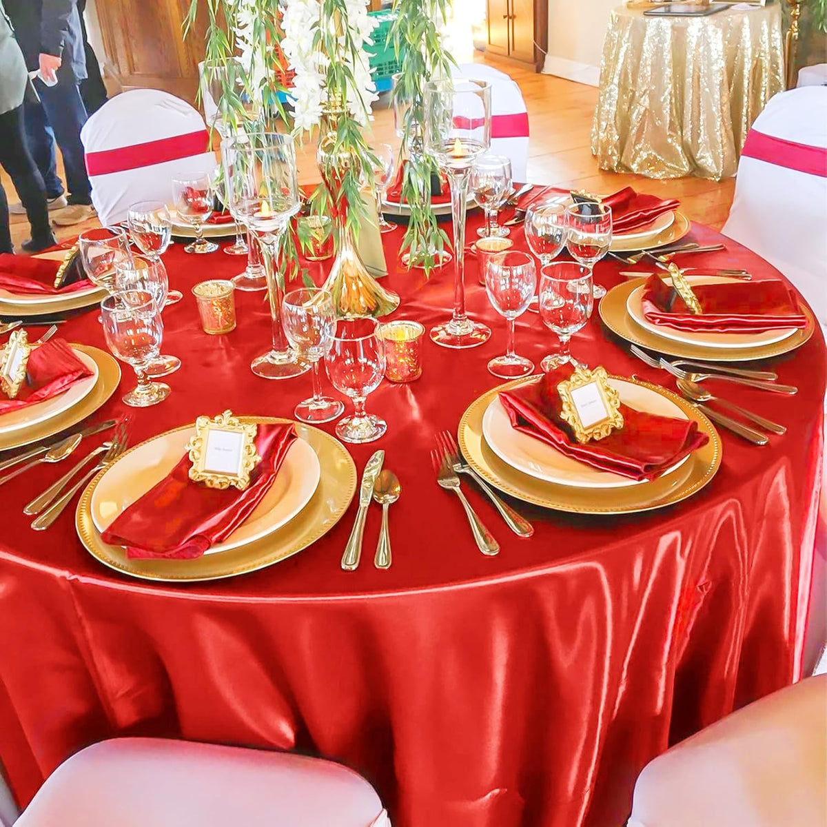 fani 12 Pack 108 Inch Red Satin Tablecloth - Silky Round Tablecloth Overlay Smooth Fabric Table