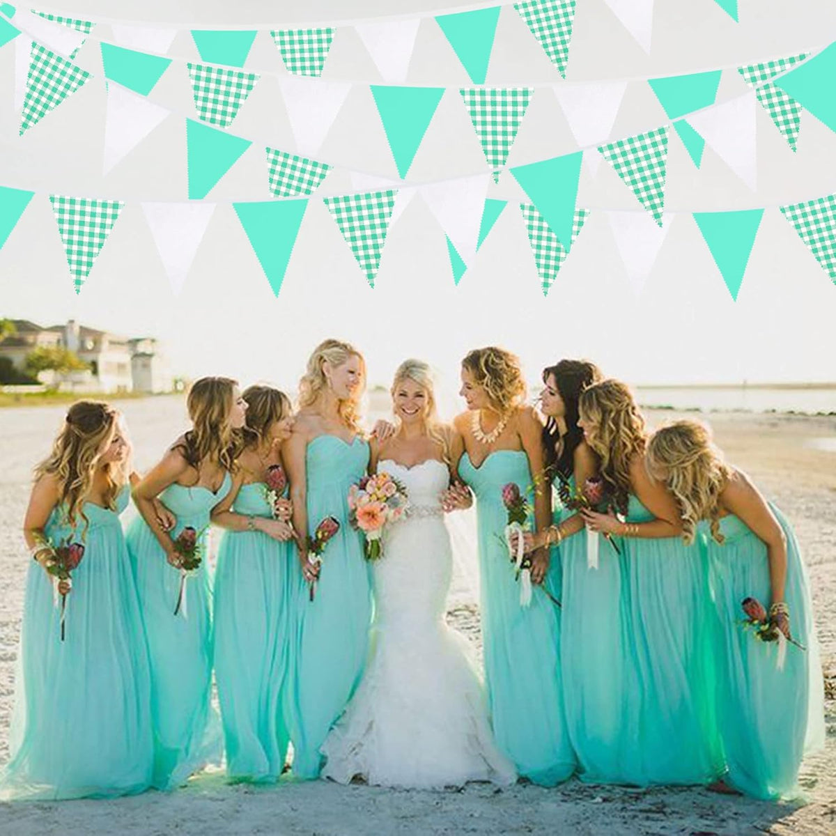 32Ft Aqua Green Plaid Checkered Party Banners Gingham Triangle Pennant Flag Bunting Fabric Garland