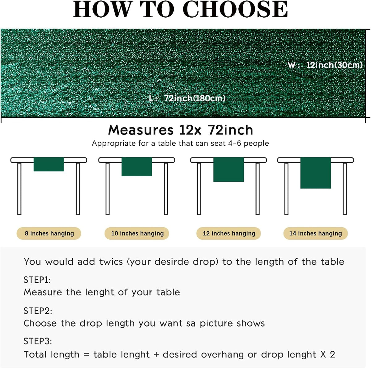 10 Packs 12 x 72 inches Sequin Table Runner, Hunter Green Glitter Table Runner for Birthday Party