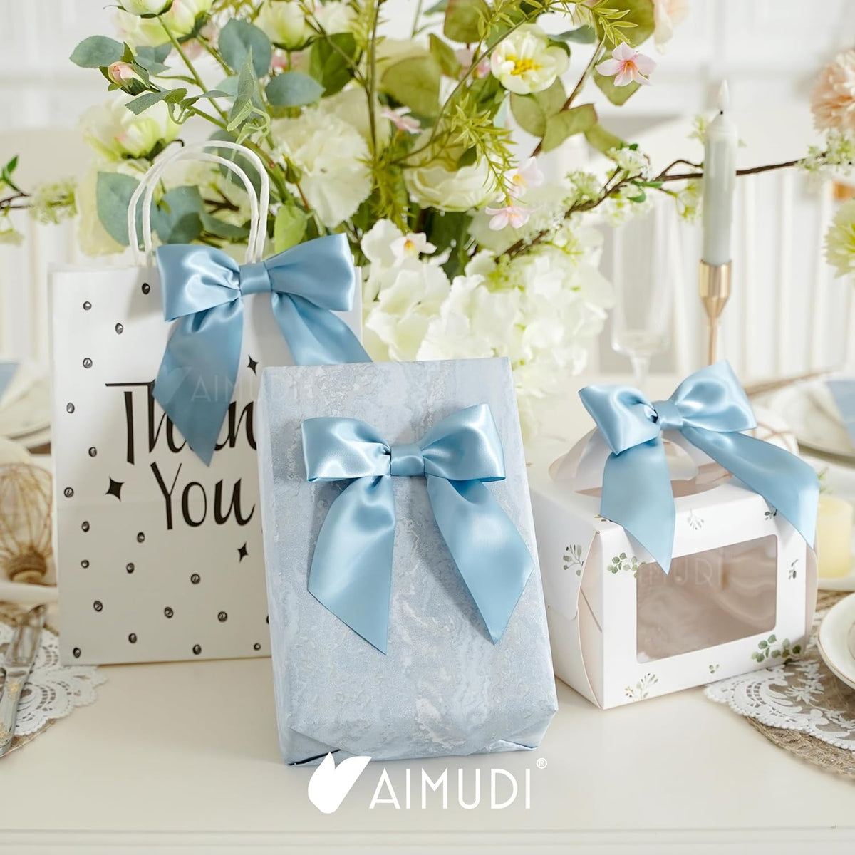 AIMUDI Dusty Blue Satin Bows 5.5" Bows for Gift Wrapping Satin Twist Tie Bows Premade Ribbon Bows