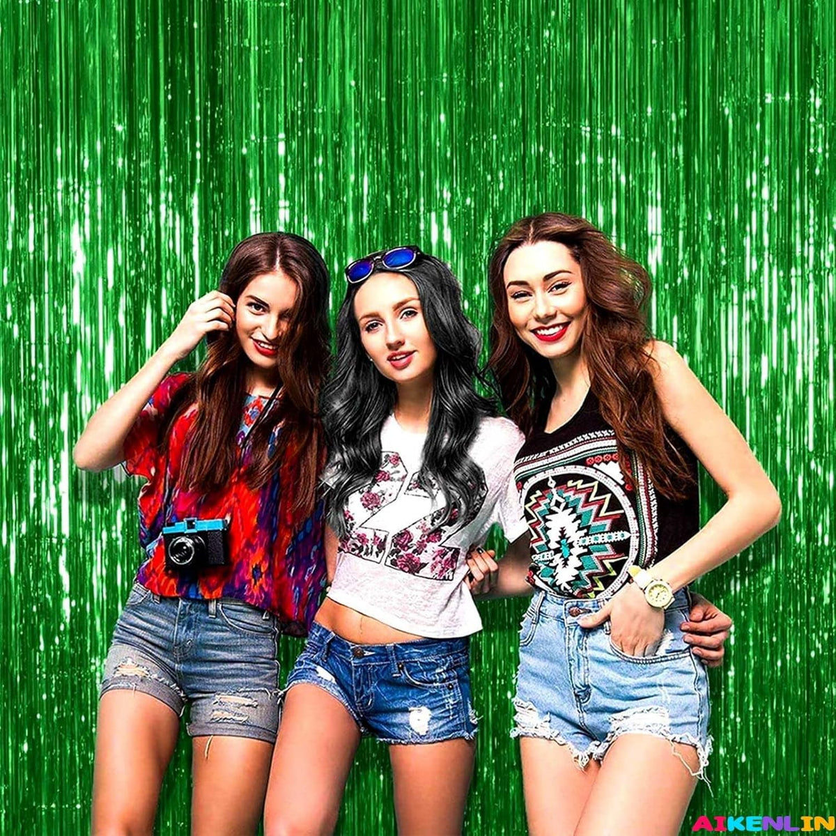 4 Pack Green Foil Fringe Curtain Backdrop, 3.3Ft x 9.8Ft Metallic Tinsel Foil Fringe Streamers