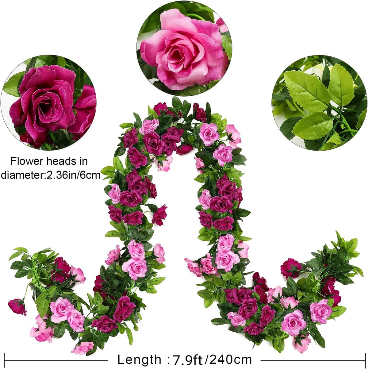 JUSTOYOU 2 Pack (15.8FT) Fake Rose Garland, Artificial Rose Vines Flowers Hanging Silk Rose Vine
