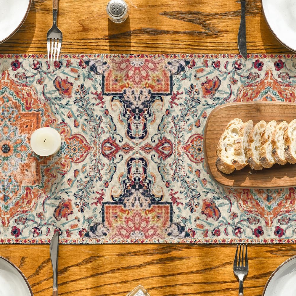 Artoid Mode Boho Bohemia Style Orange Table Runner, Country Rustic Farmhouse Magical Fall Kitchen