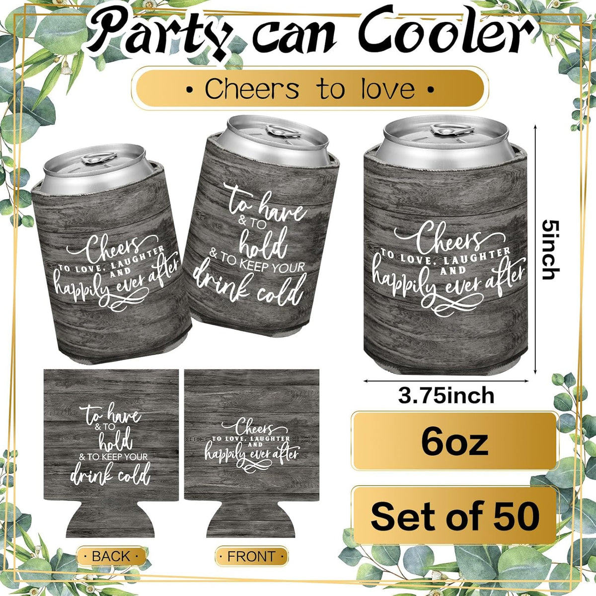 50 Pieces Wood Grain Wedding Can Cooler Sleeves Bulk Engagement Party Favors for Guests Cheers to