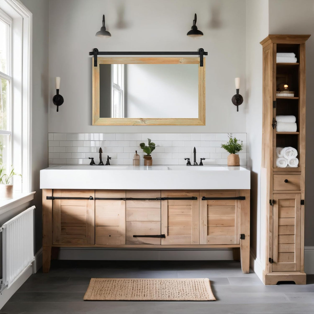 COGOOD Farmhouse Barn Door Mirror - 41 x 26 Rustic Wood Framed Wall Mirror for Bathroom, Living