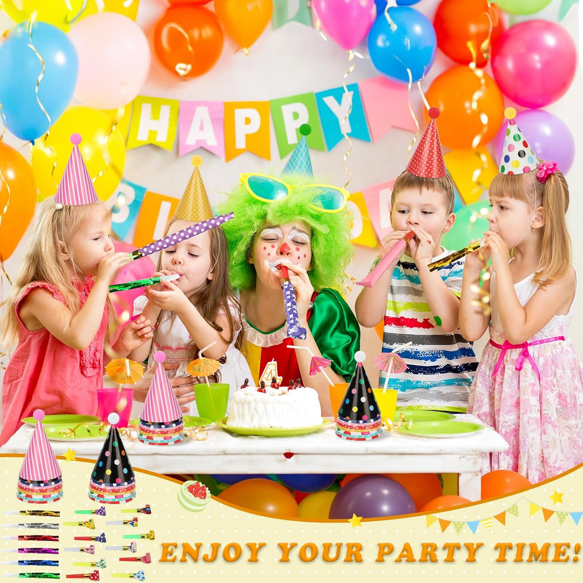 116 PCS Birthday Party Cone Hats Assorted Colors Cone Paper Hat with Colorful Blowers and Metallic