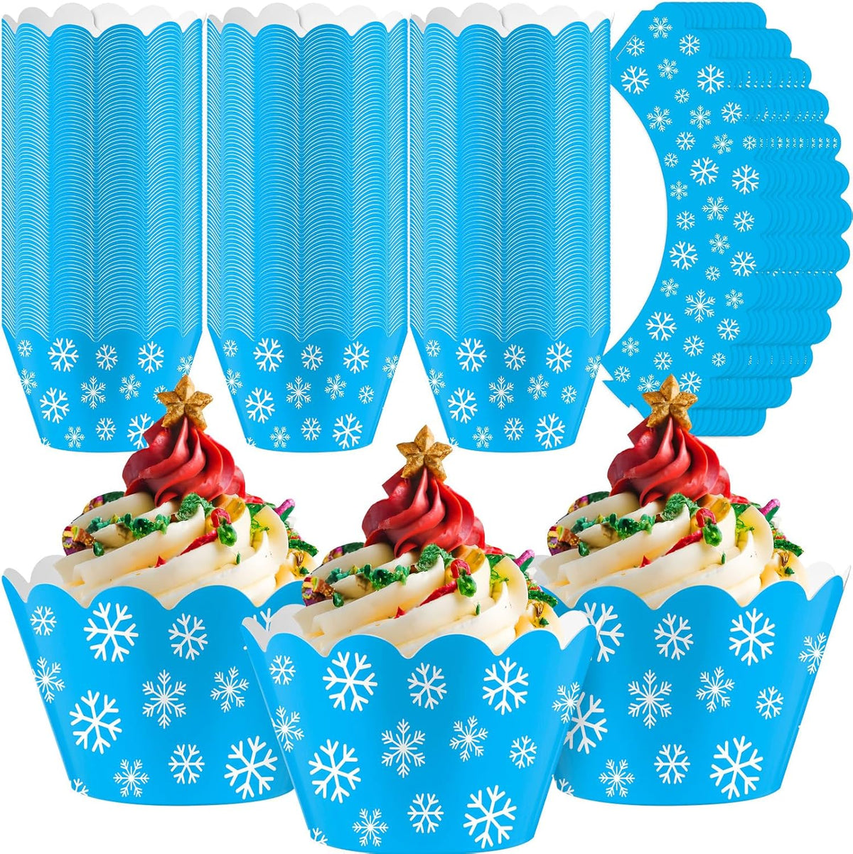 Domensi 100 Pcs Snowflake Cupcake Wrappers Blue Cupcake Liners Christmas Blue Snowflake Baking Cups