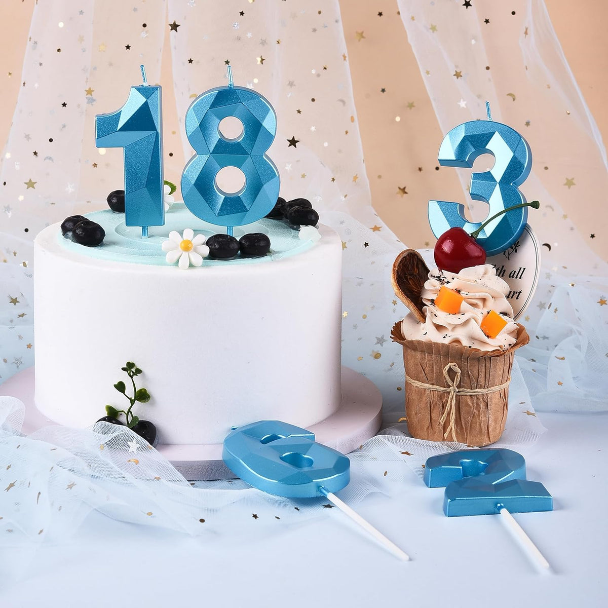 PHD CAKE 2.76 Inch Crystal Blue 8 Number Birthday Candles, Blue Number Candles, Cake Number
