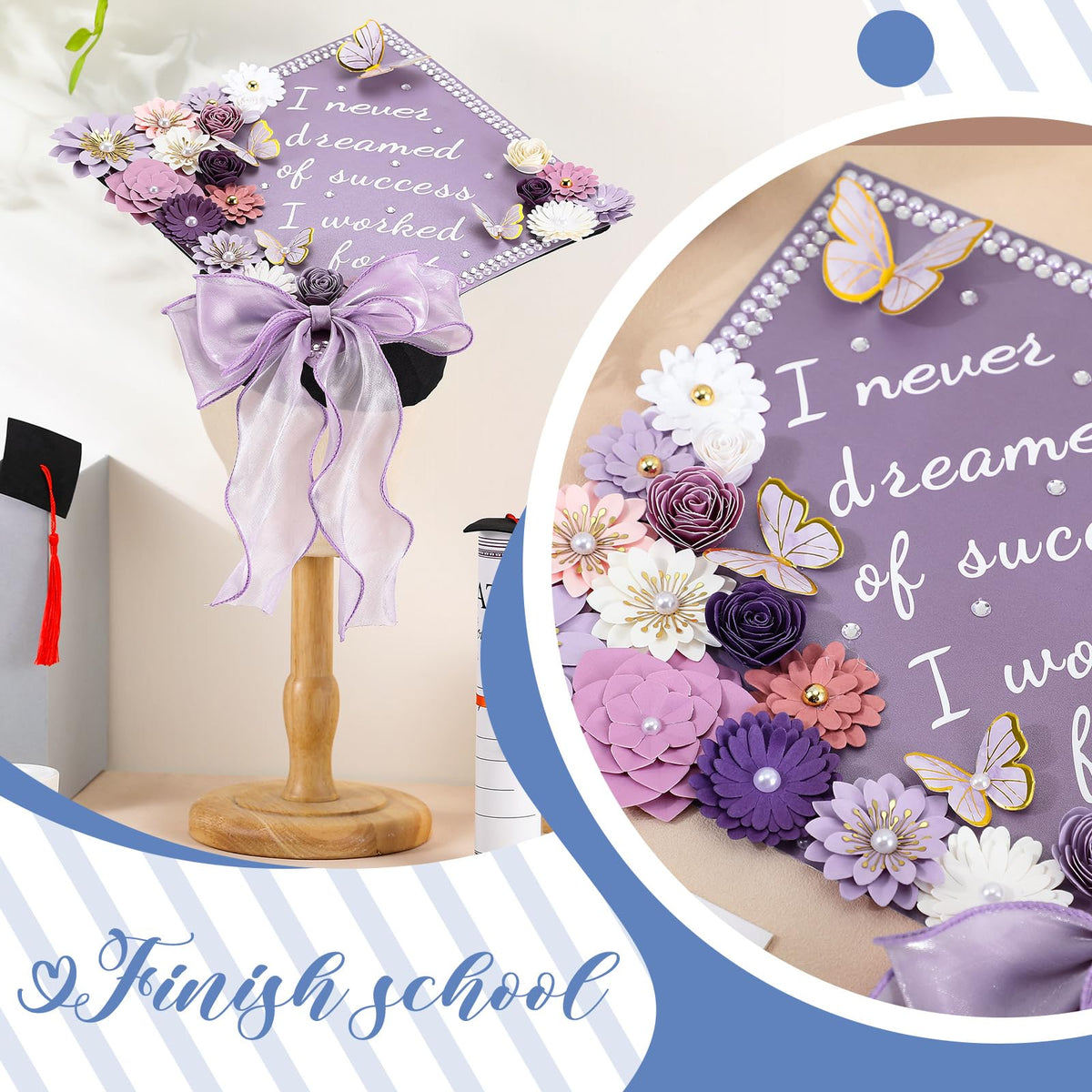 MotiMind 46 Pcs DIY Graduation Cap Decorations Kit Included Paper Flowers, 3D Butterfly Stickers