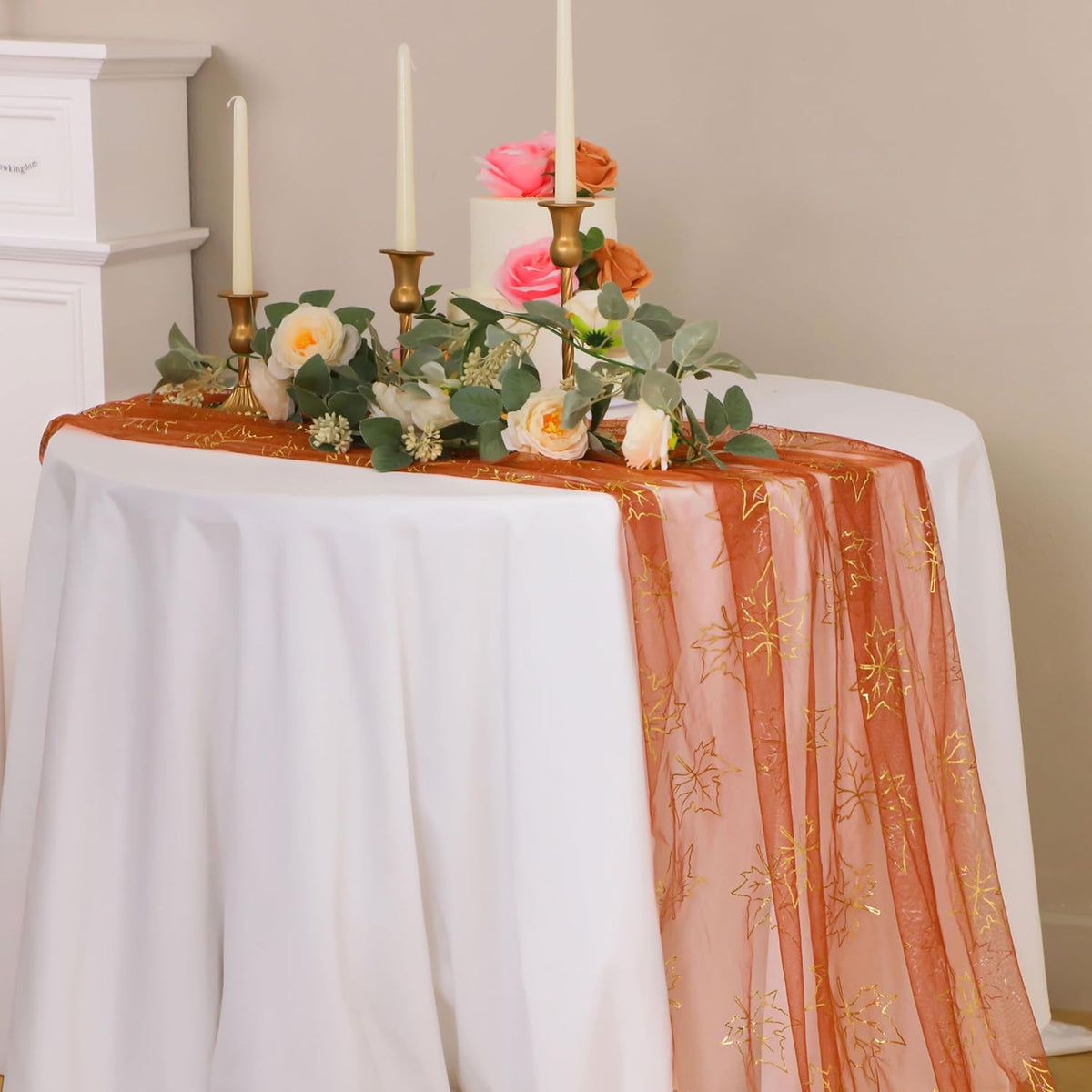 Snowkingdom Terracotta Gold Table Runner 10Ft, Gold Maple Leaves Burnt Orange Gauze Chiffon Runners