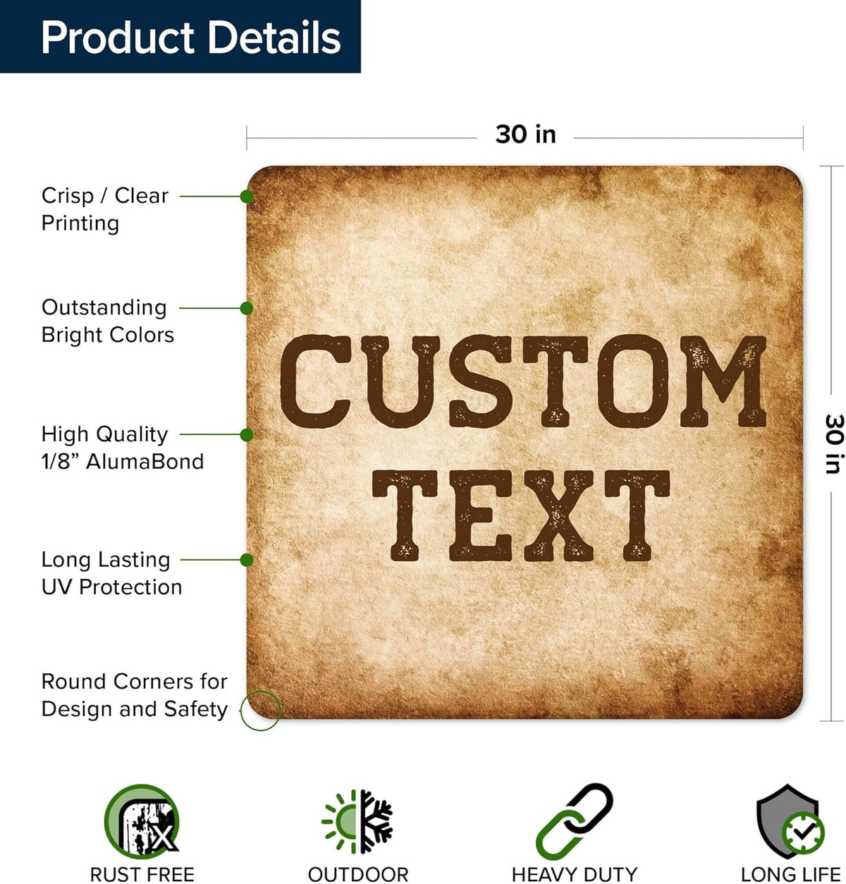 Custom Sign, Custom Street Sign, 11 Font Colors, 13 Font Styles, 4 Hole Options, 22 Sizes, 30x30