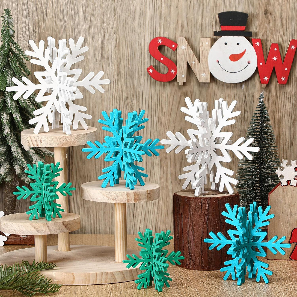 Bucherry 12 Pcs Wooden Snowflake Table Decor 3D Snowflake Tabletop Signs and Centerpiece for
