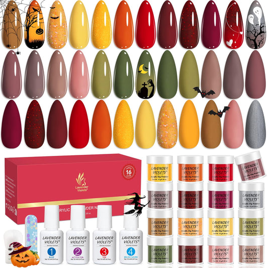 Lavender Violets 22pcs Halloween Dip Powder Nail Kit 16 Colors Red Brown Gold Green with Dip Powder