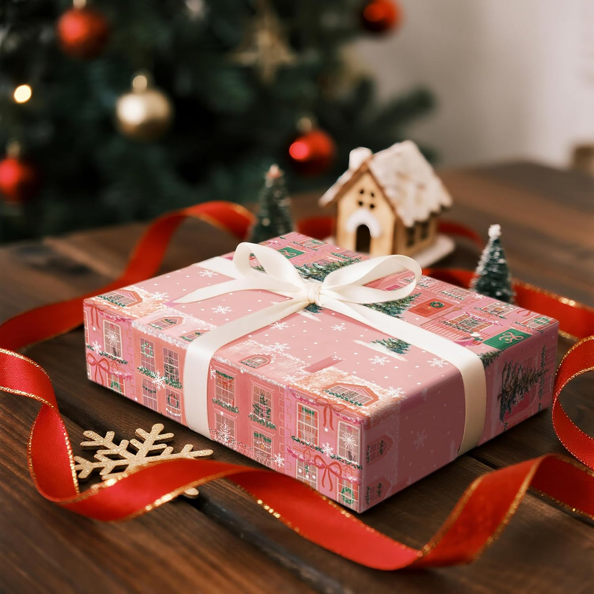 LeZakaa Pink Christmas Wrapping Paper Roll for Girls Kids, Winter Street Scene Romantic Townhouse