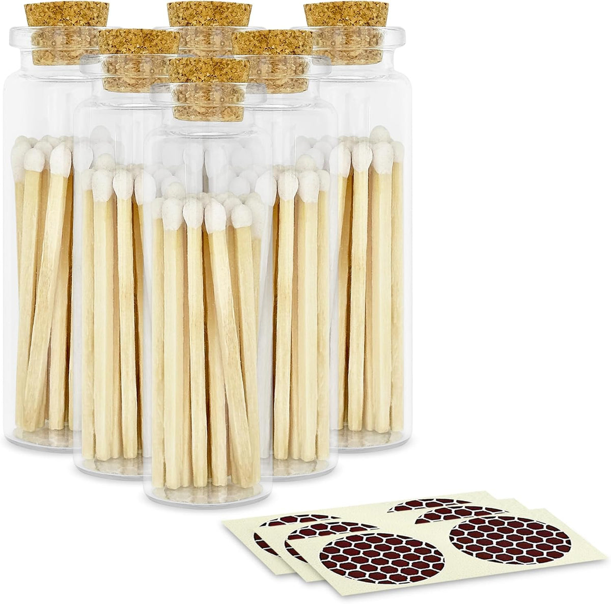 2" Classic White Tip Safety Matches | 6 Glass Bottles Each with Cork Top, Striker & 20 Matchsticks