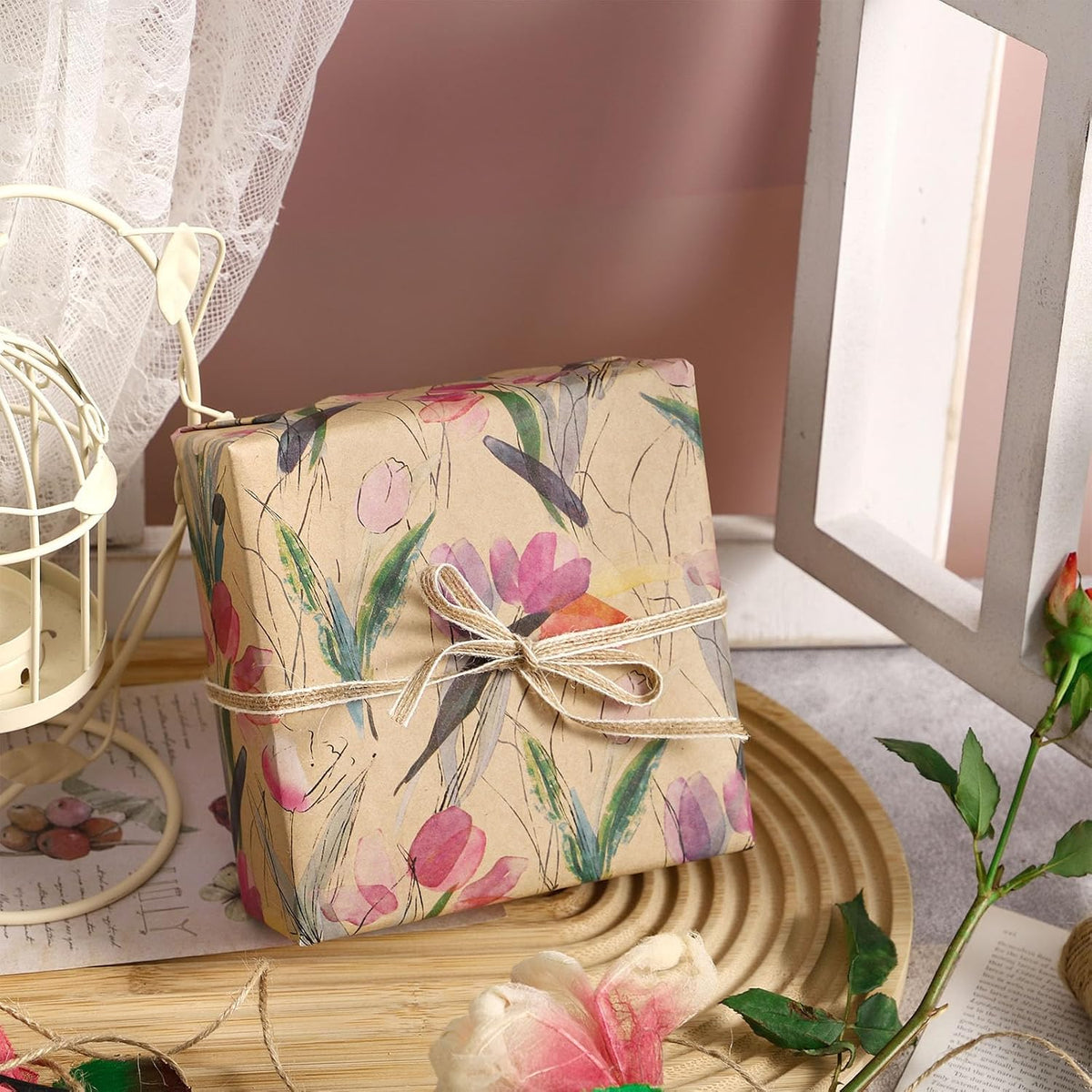 RUSPEPA Tulips Floral Wrapping Paper Roll, Watercolor Gift Wrap, Mini Roll Kraft Paper Roll for