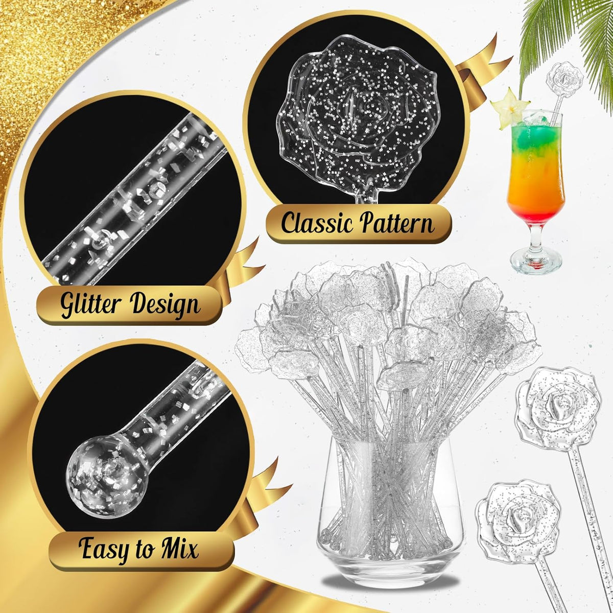 100 Pcs Silver Glitter Drink Stirrers Cocktails Plastic Swizzle Sticks 7.5 Inch Cupcake Pop Sticks