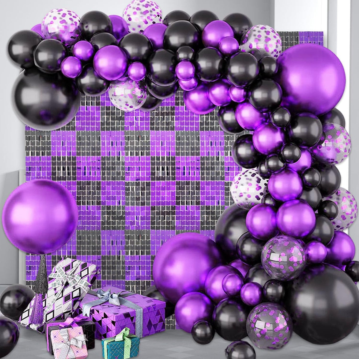 12PCS Black Purple Shimmer Wall Backdrop, Square Sequin Photo Backdrops Panel, Glitter Wall
