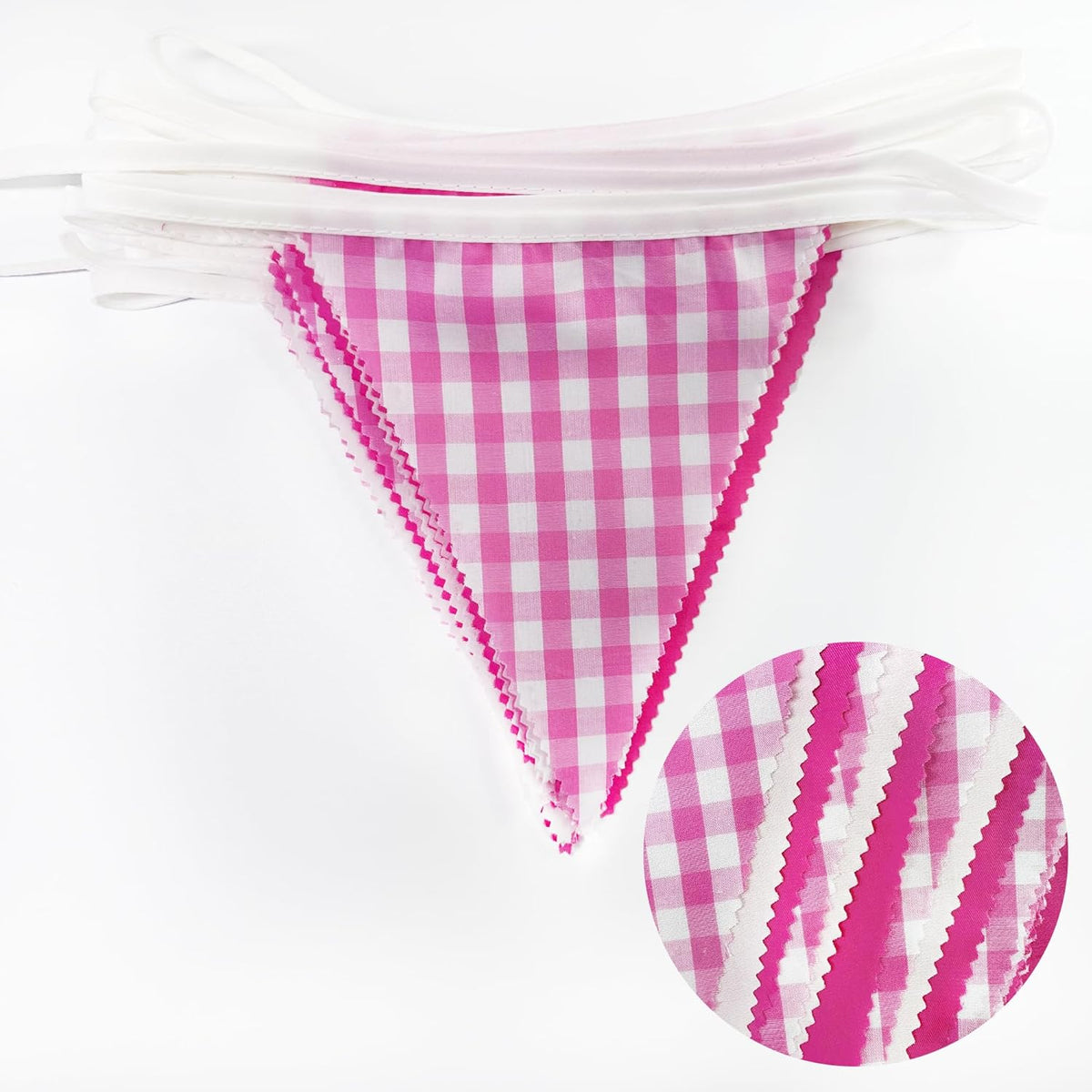 32Ft Hot Pink Party Decorations Pink Buffalo Plaid Checkered White Triangle Flag Gingham Pennant