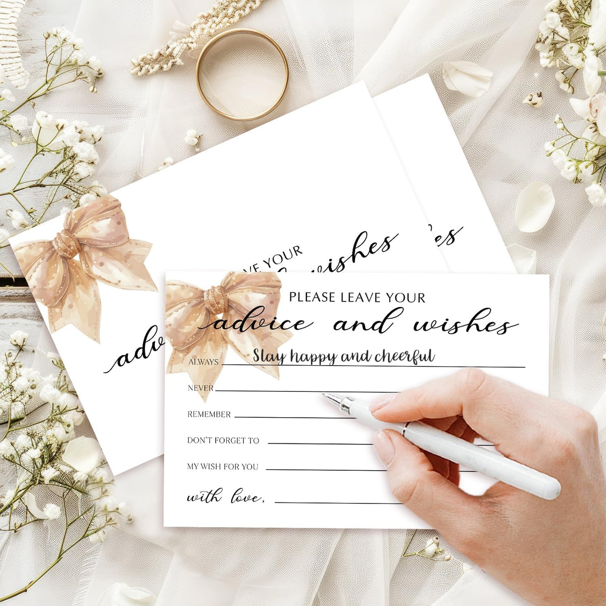 25 Advice and Wishes Cards, Bow Fill-In Advice Cards for Bridal Shower Wedding Birthday Party Baby