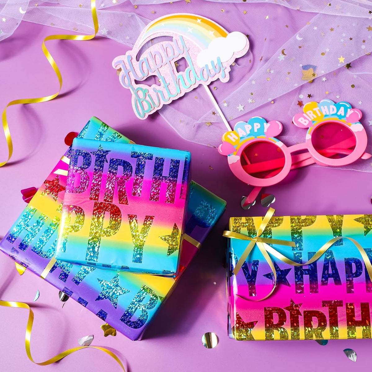 LeZakaa Holographic Birthday Wrapping Paper Roll, Happy Birthday Lettering with Colorful Stars