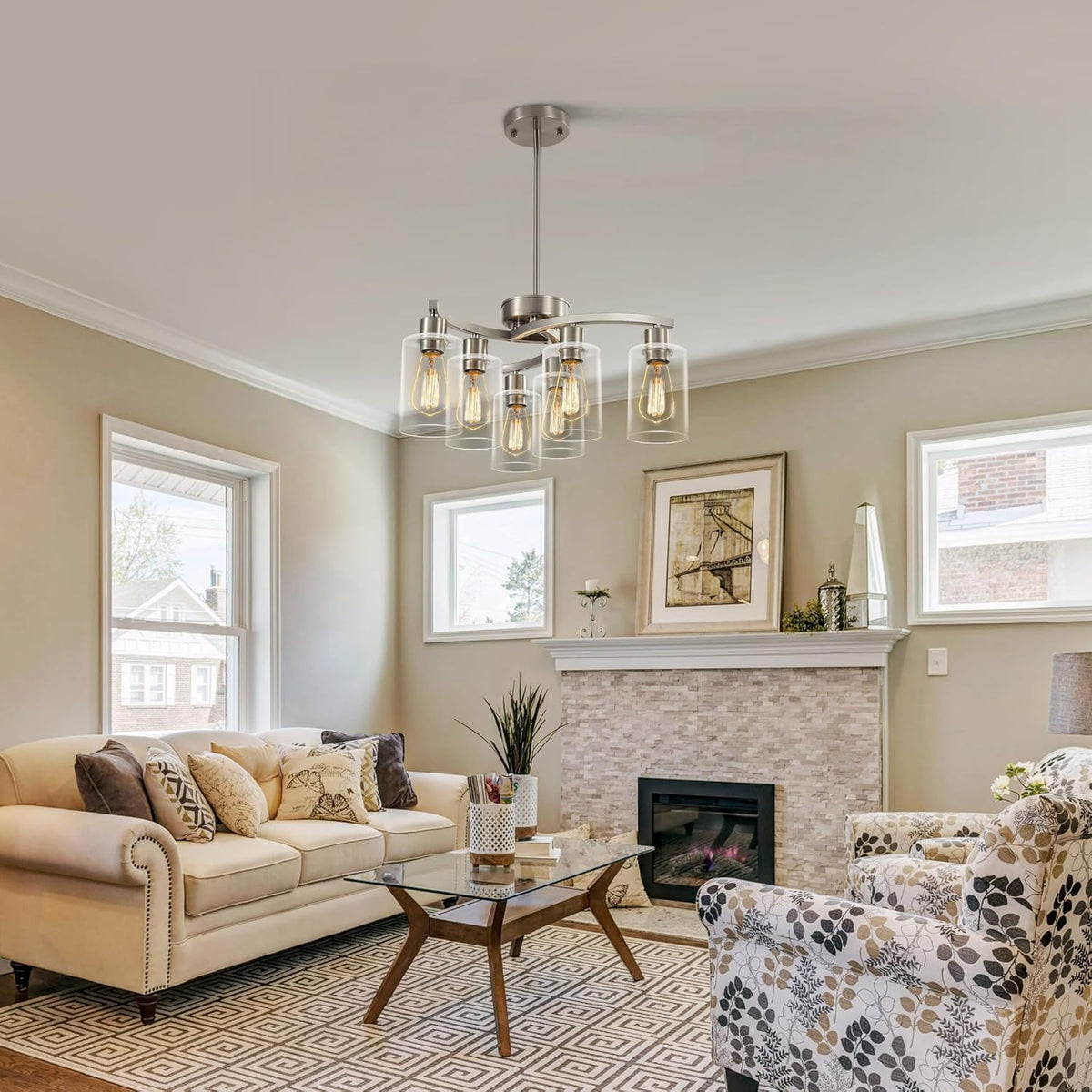 6-Light Brushed Nickel Chandeliers for Dining Room Light Fixtures Over Table, Adjustable Height