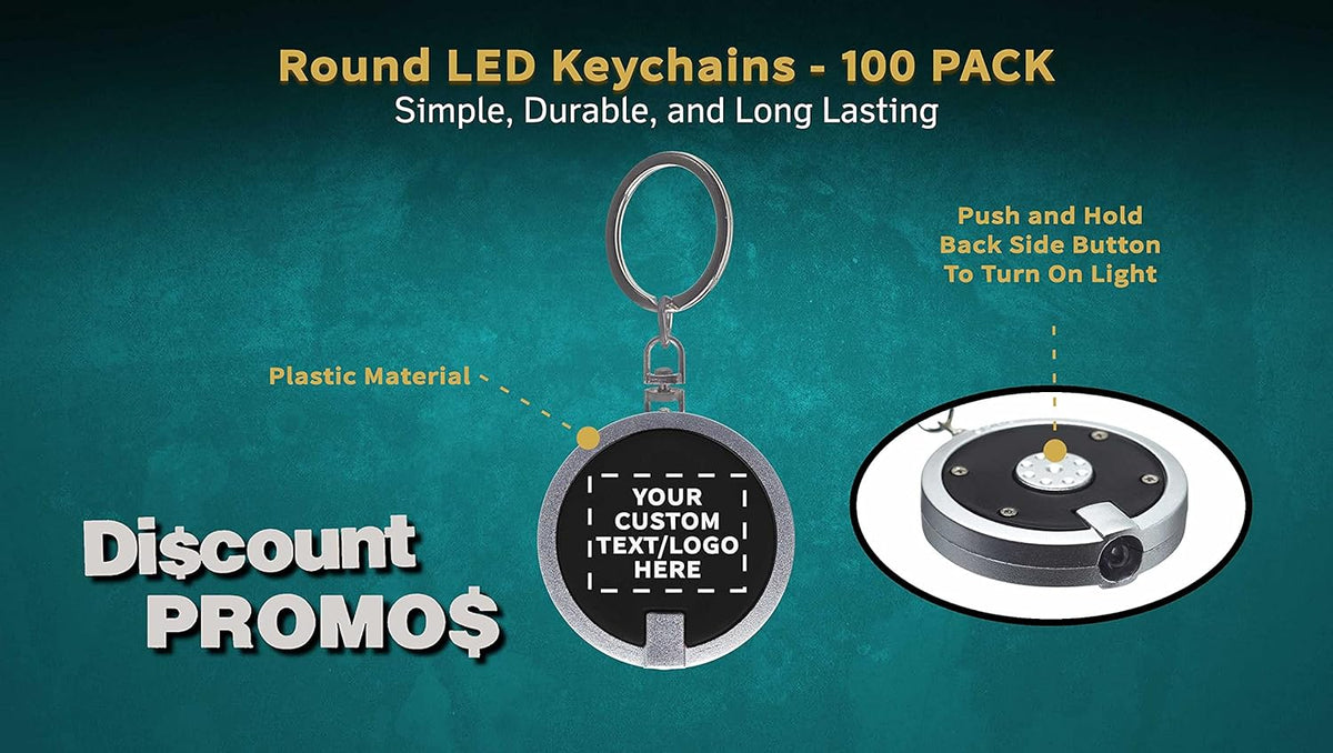DISCOUNT PROMOS 100 Round LED Keychains - Customizable Text, Logo - Battery included, Plastic