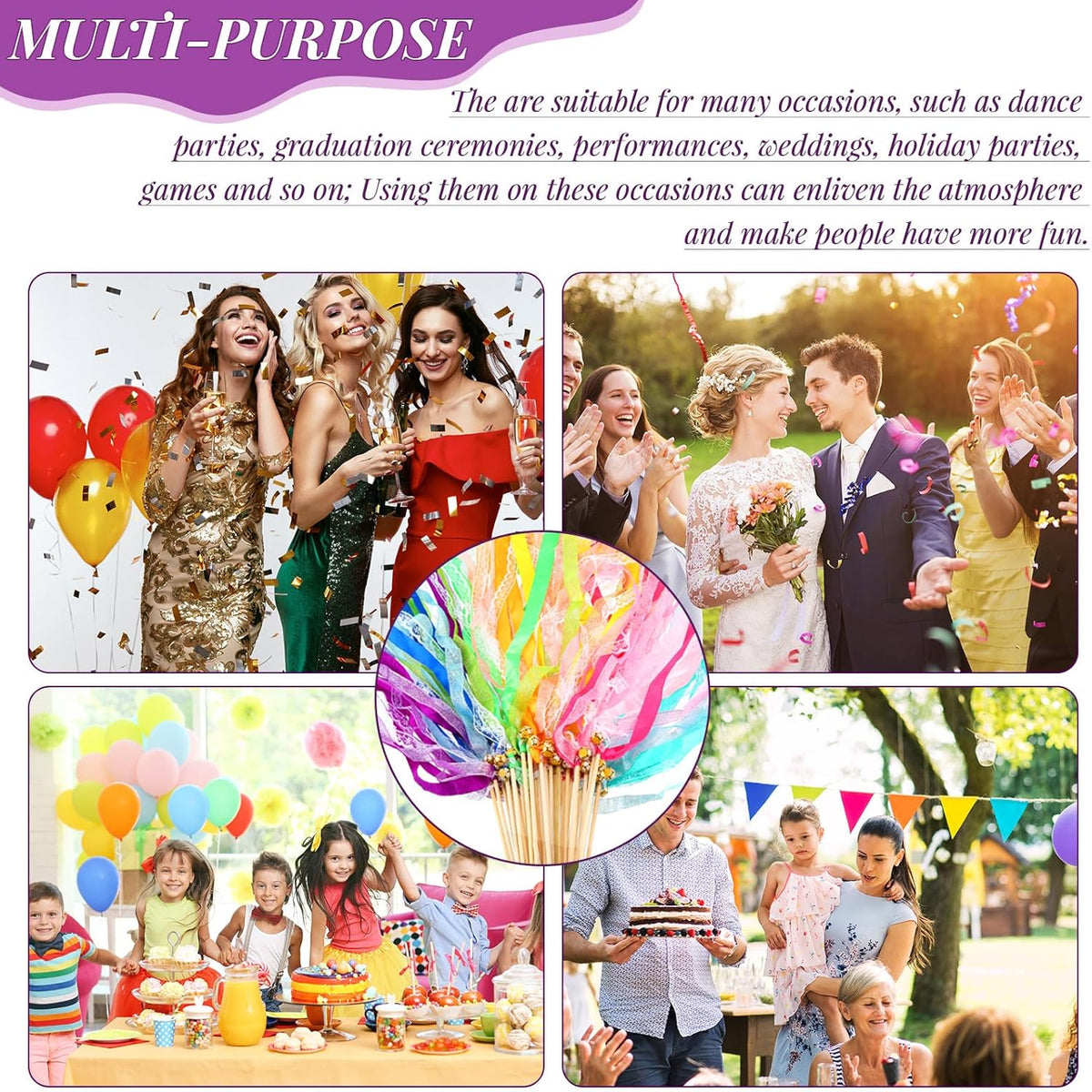 40 Pieces Ribbon Wedding Streamers with Bells, Lace Fairy Stick Wand Party Streamers Chromatic Silk