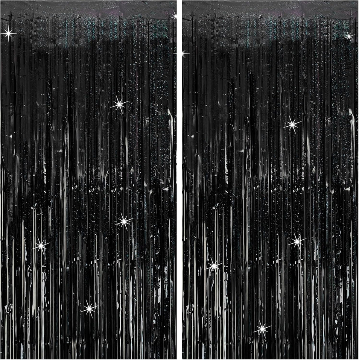 Tinsel Curtain Backdrop Black Birthday Party Decorations 2 Packs Glitter Foil Fringe Curtain Party