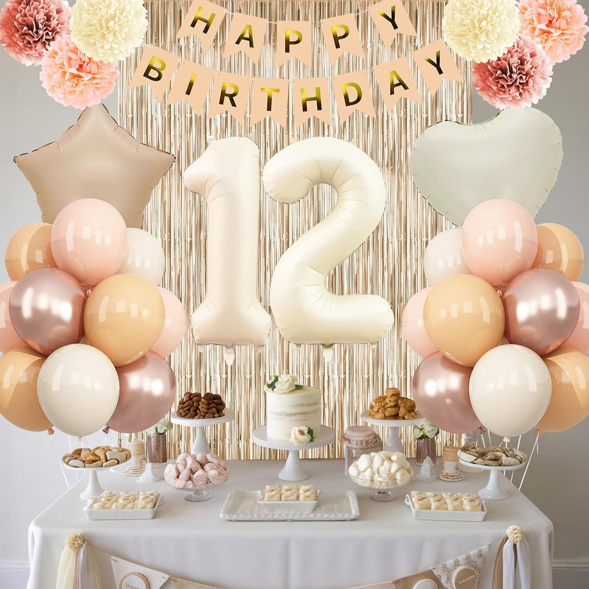 Beige 12th Birthday Decorations Girls Boys Cream Number 12 Balloon Nude Gold Happy Birthday Banner