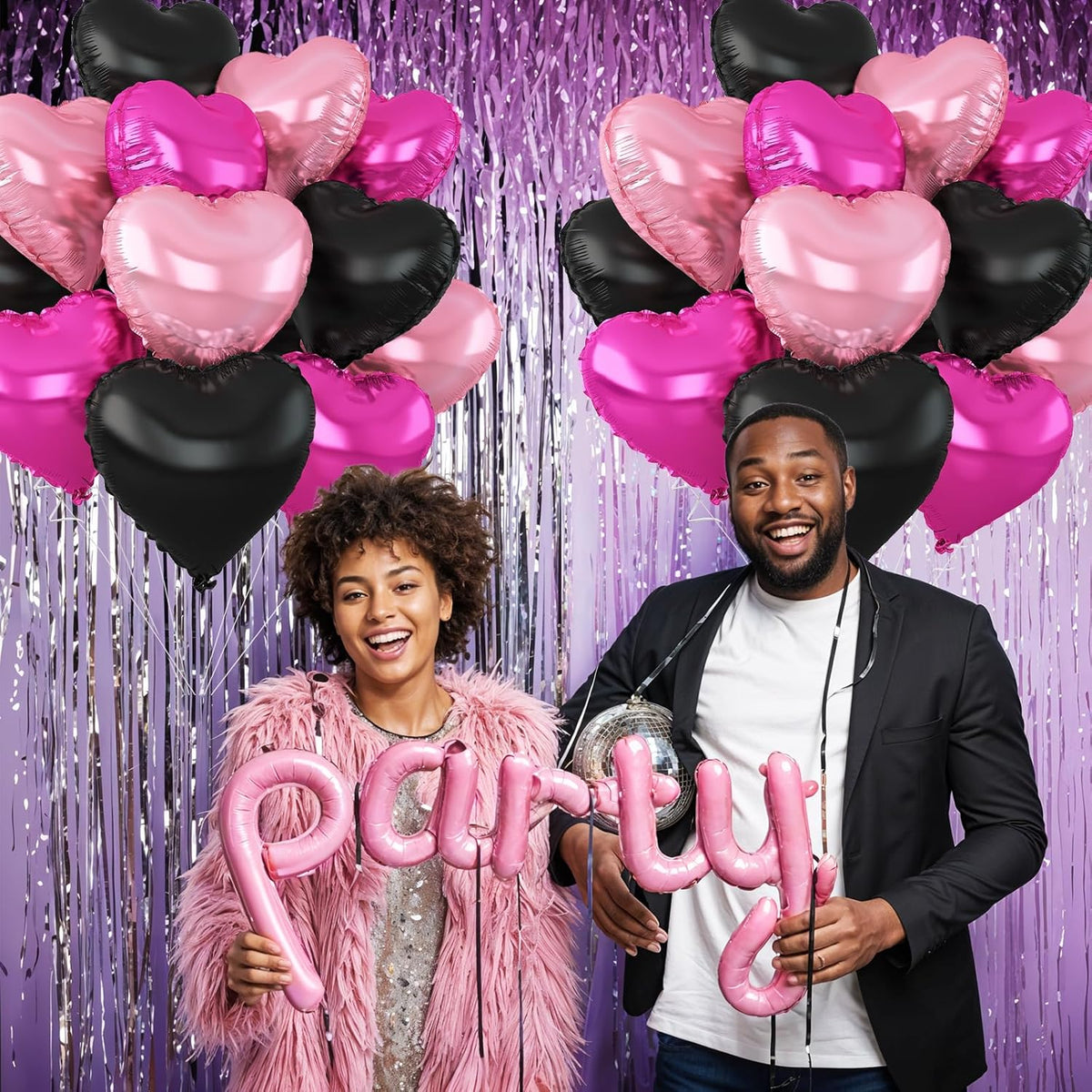 Pink Black Heart Balloons,12Pcs 18Inch Hot Pink Black Heart Shaped Foil Helium Balloons for Baby