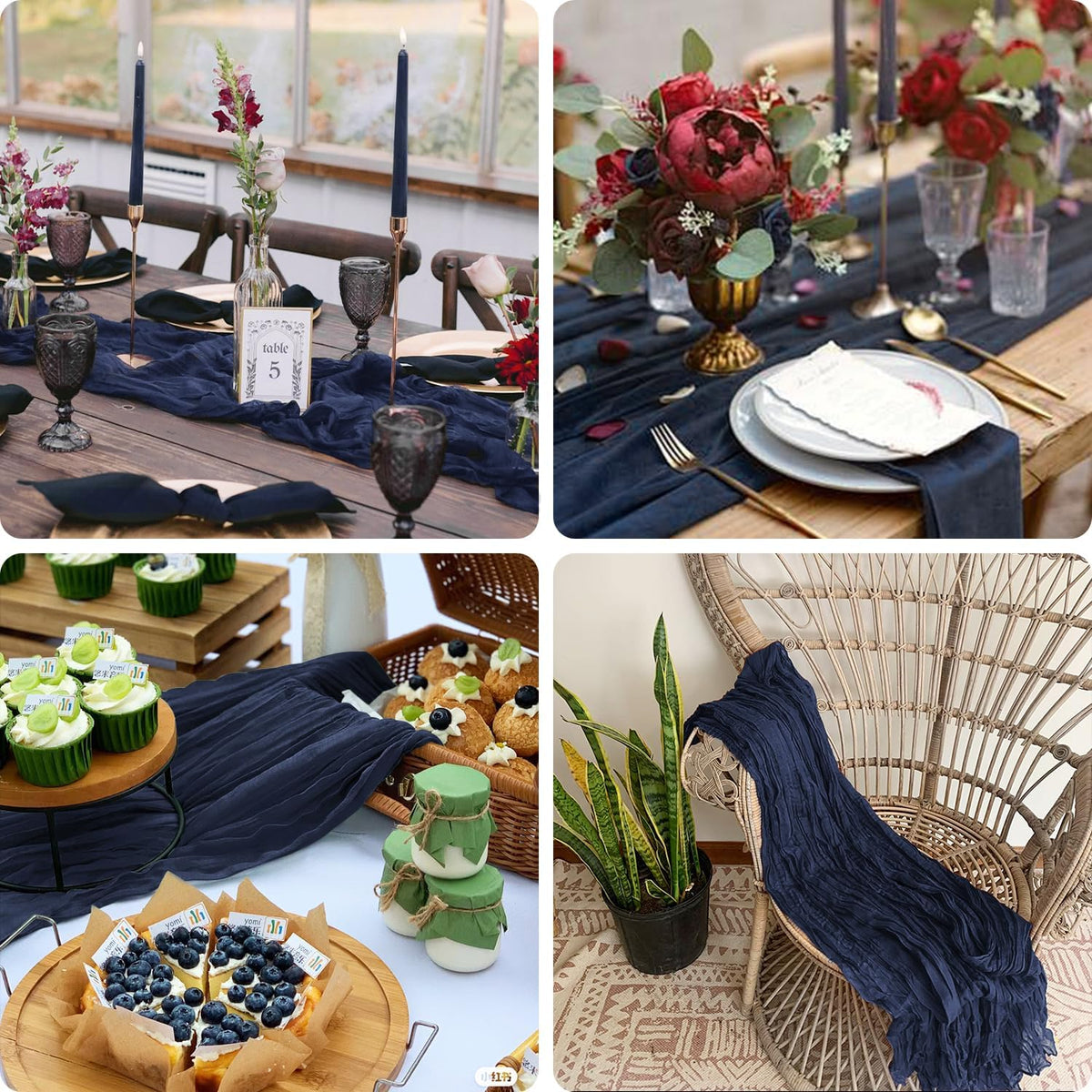 6 Pack Navy Blue Cheesecloth Table Runner Summer 10FT Sheer Navy Cheese Cloth Table Runners Boho