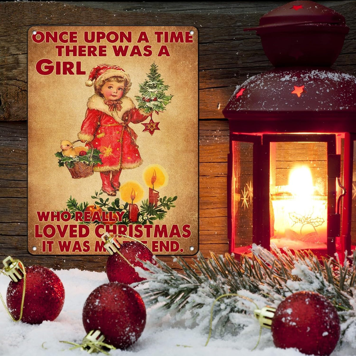 Vintage Christmas Metal Tin Sign Once Upon A Time Girl Loved 80s Christmas Style Wall Art Christmas