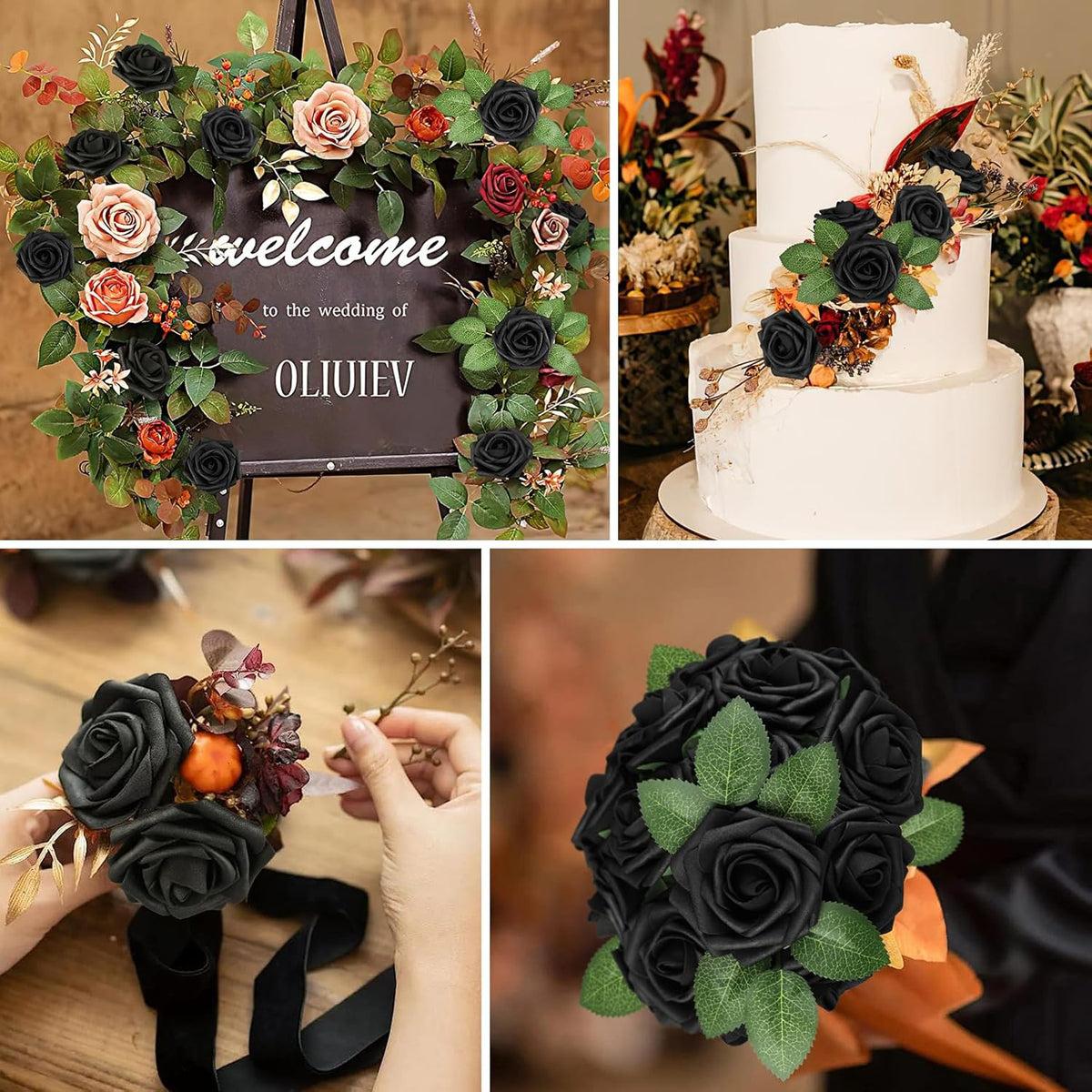 AmyHomie Artificial Flowers Black Rose 25pcs Real Looking Fake Roses w/Stem for DIY Wedding