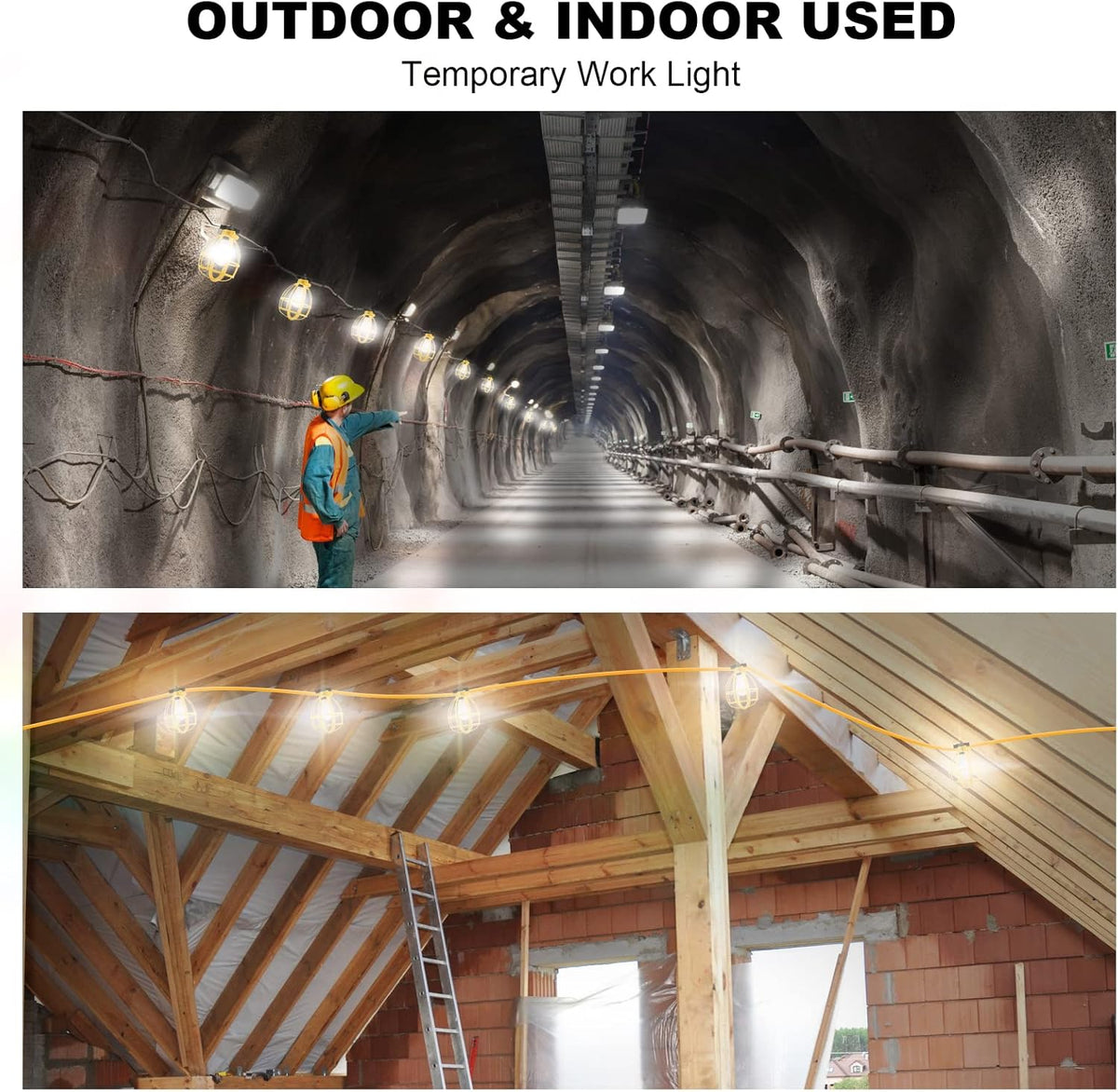 50FT Construction String Lights, 50W 5 Bulbs Work Lights with E26 Base, IP65 Waterproof, 4000LM