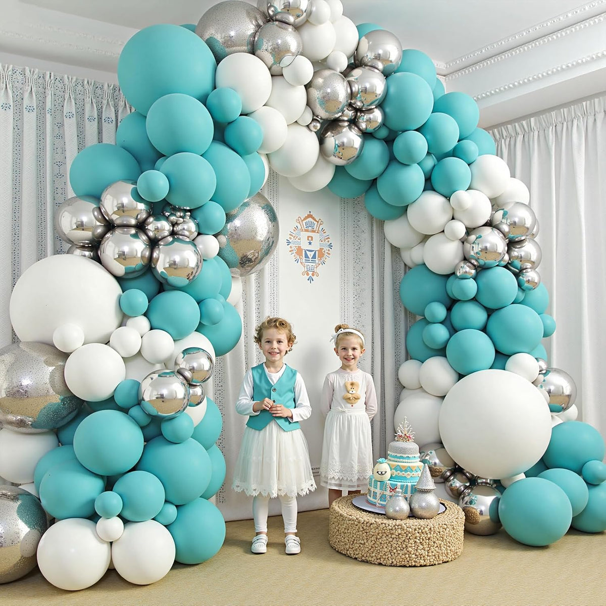 412Pcs Teal Silver White Balloon Garland Arch Kit, 18 12 10 5 Inch Different Size White Metallic