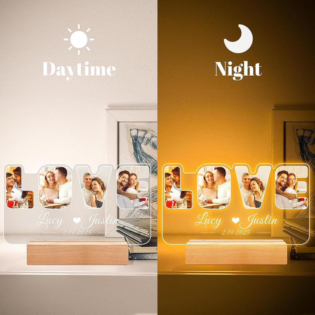 Custom Picture Frames with Photos, Personalized Photo Frame with Night Light, Customized Picture